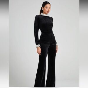 NADINE MERABI “Meghan” Black Velvet Pearl Trim Jumpsuit – Size M